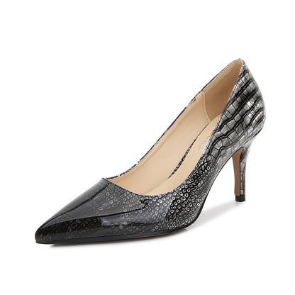 Women Glossy Snake Printed Shallow Stiletto Heel Pumps