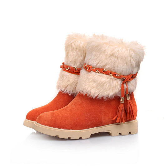 Women Furry Metal Chains Tassel Short Boots