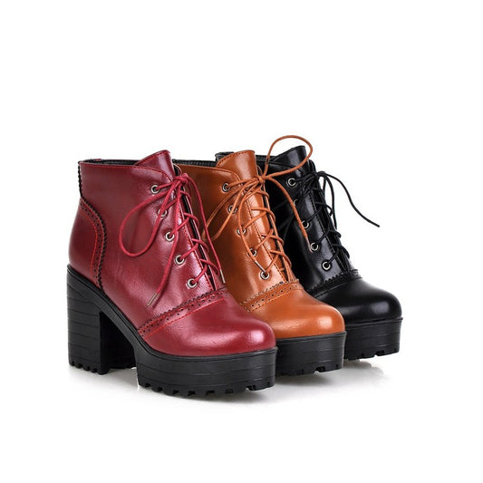 Women Glossy Round Toe Lace Up Block Chunky Heel Stitch Platform Short Boots