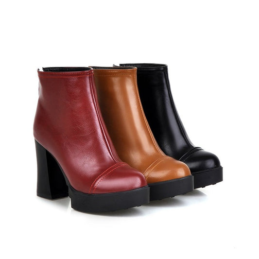 Women Pu Leather Round Toe Back Zippers Block Chunky Heel Platform Short Boots