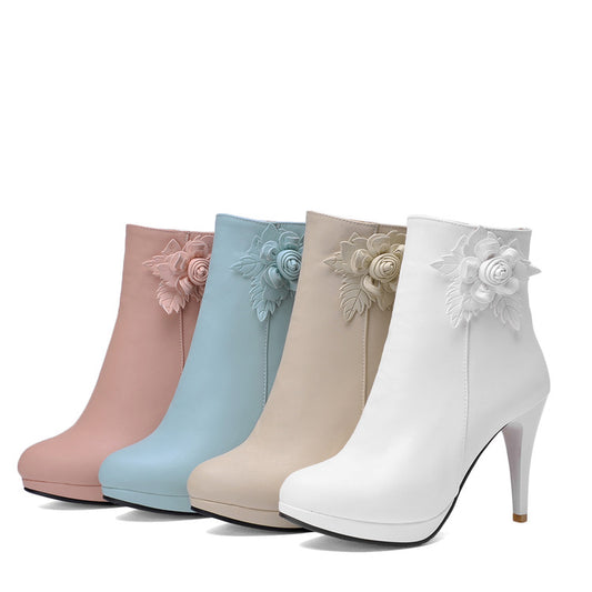 Women Pu Leather Almond Toe Carved Flora Cone Heel Platform Side Zippers Short Boots