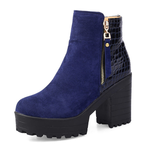 Women Flock Round Toe Snake Printed Patchwork Side Zippers Block Chunky Heel Platform Short Boots