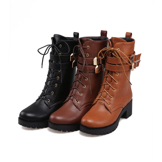 Women Round Toe Lace Up Buckle Straps Block Chunky Heel Platform Short Boots