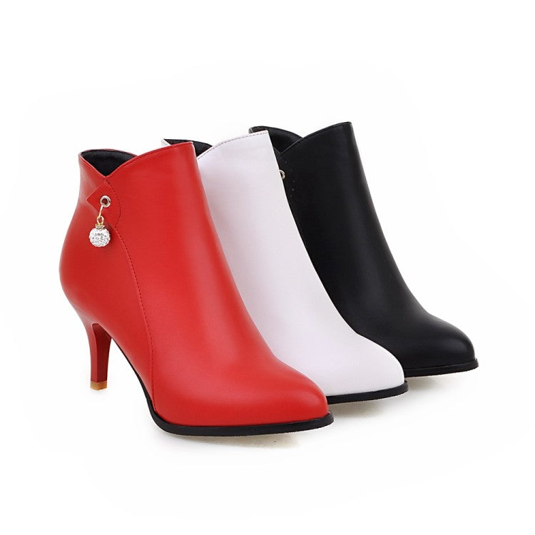 Women Pu Leather Pointed Toe Rhinestone Kitten Heel Short Boots