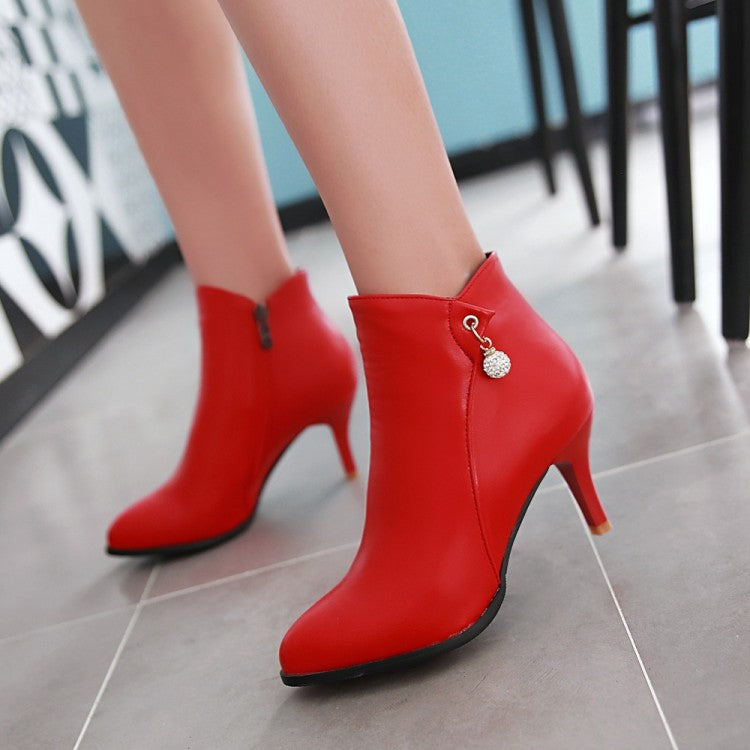 Women Pu Leather Pointed Toe Rhinestone Kitten Heel Short Boots