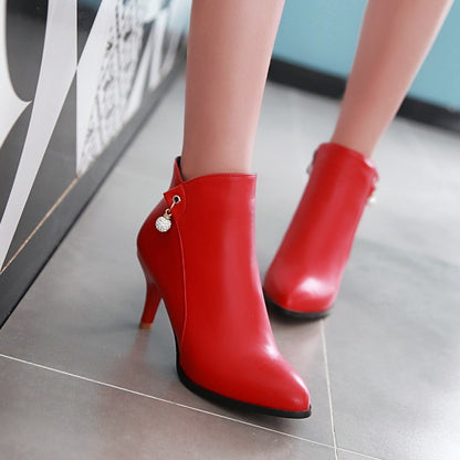 Women Pu Leather Pointed Toe Rhinestone Kitten Heel Short Boots