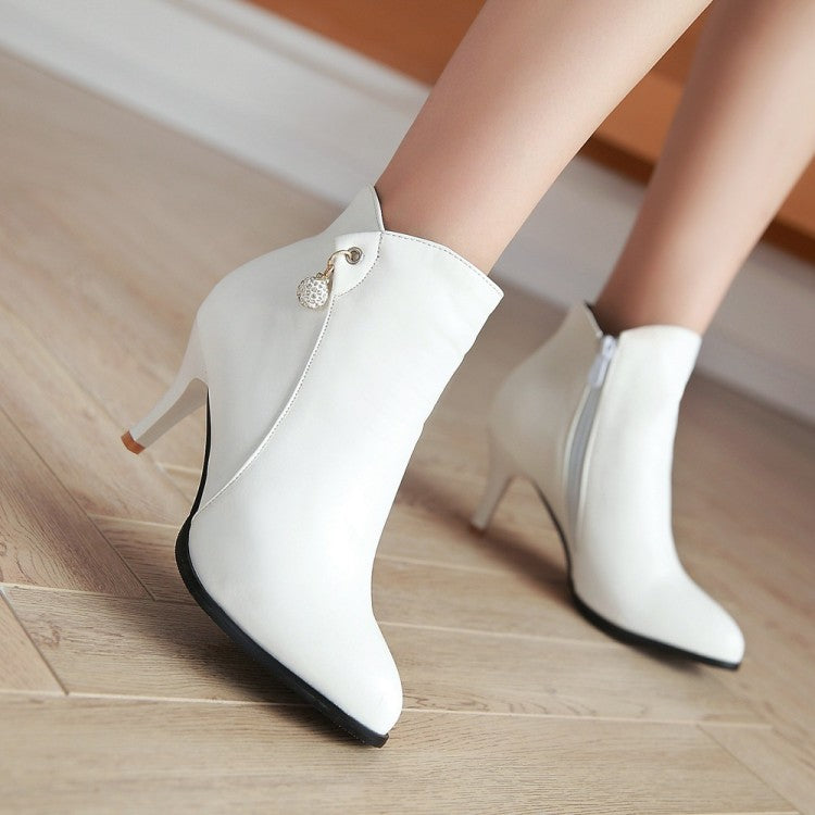 Women Pu Leather Pointed Toe Rhinestone Kitten Heel Short Boots