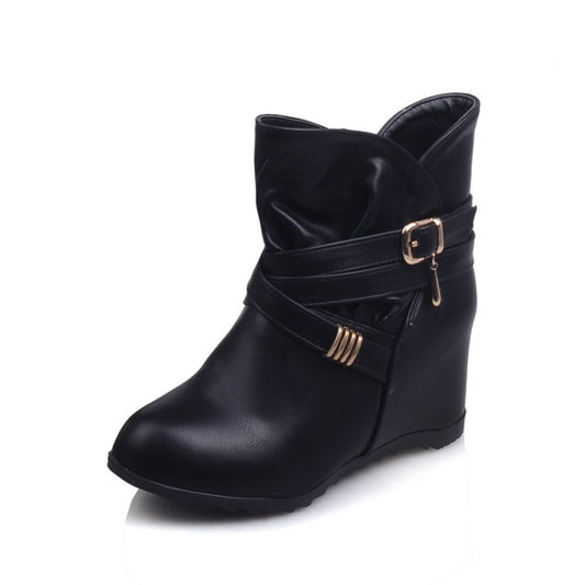 Women Pu Leather Round Toe Crossed Buckle Straps Wedge Heel Short Boots