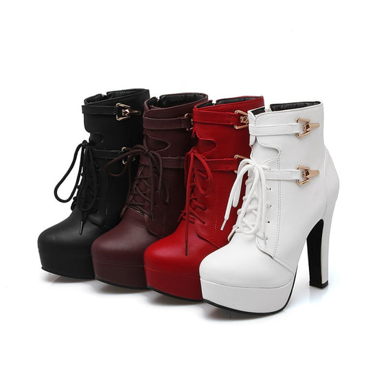 Women Pu Leather Almond Toe Lace Up Side Zippers Block Chunky Heel Platform Short Boots