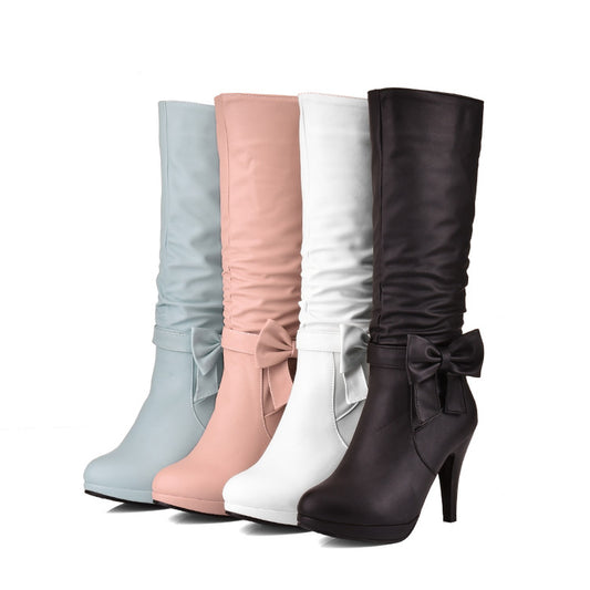 Women Bow Tie Slouch Cone Heel Platform Side Zippers Knee High Boots