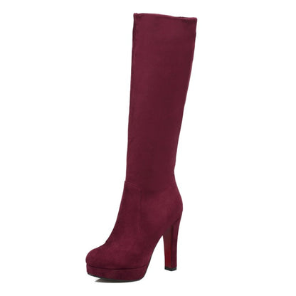 Women Zippers Round Toe Chunky Heel Platform Knee-High Boots