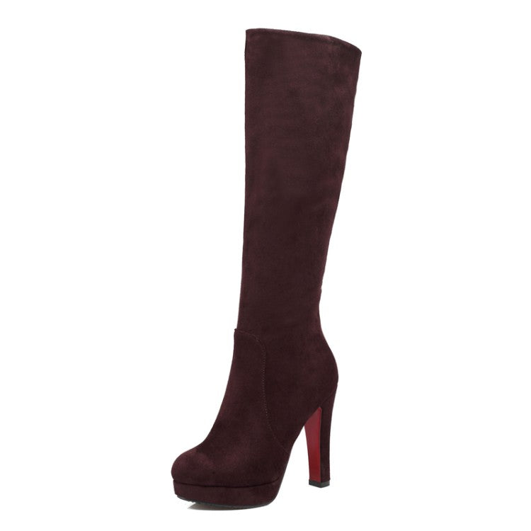 Women Zippers Round Toe Chunky Heel Platform Knee-High Boots