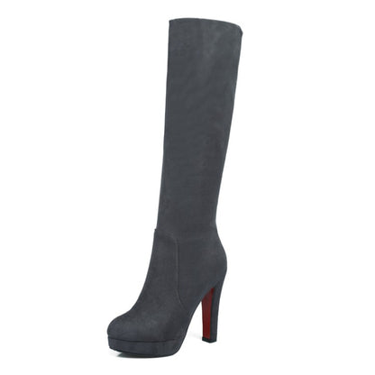 Women Zippers Round Toe Chunky Heel Platform Knee-High Boots