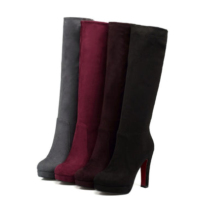 Women Zippers Round Toe Chunky Heel Platform Knee-High Boots