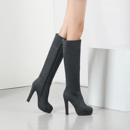 Women Zippers Round Toe Chunky Heel Platform Knee-High Boots