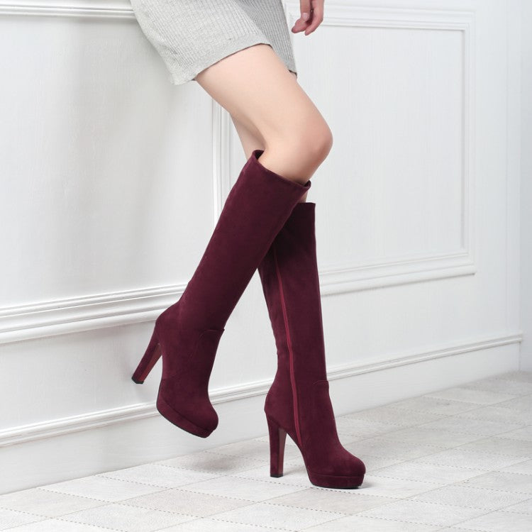 Women Zippers Round Toe Chunky Heel Platform Knee-High Boots