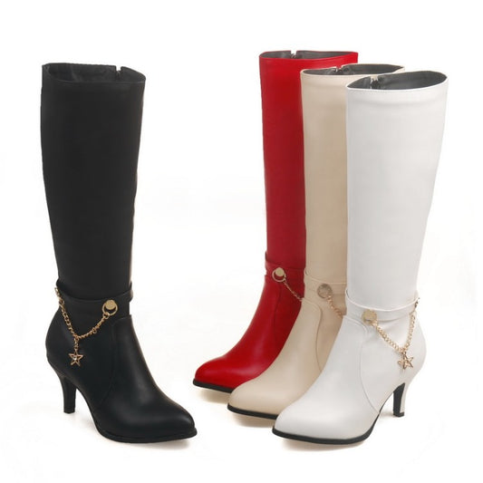 Women Pu Leather Pointed Toe Metal Stars Chains Side Zippers Kitten Heel Knee High Boots