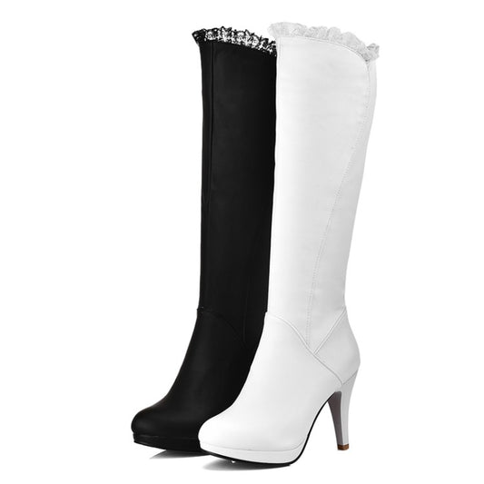 Women Lace Side Zippers Cone Heel Platform Knee High Boots