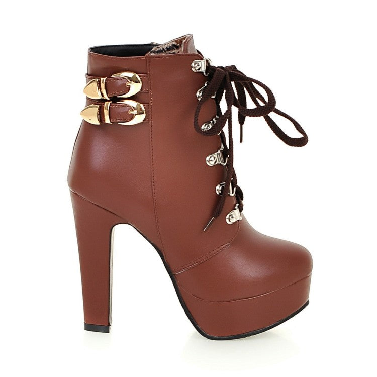 Women Pu Leather Almond Toe Rivets Lace Up Buckle Straps Block Chunky Heel Platform Short Boots