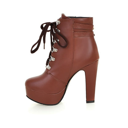 Women Pu Leather Almond Toe Rivets Lace Up Buckle Straps Block Chunky Heel Platform Short Boots