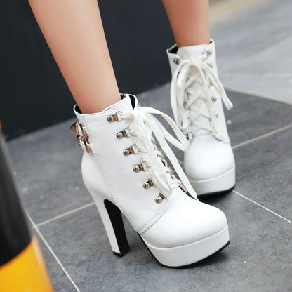 Women Pu Leather Almond Toe Rivets Lace Up Buckle Straps Block Chunky Heel Platform Short Boots