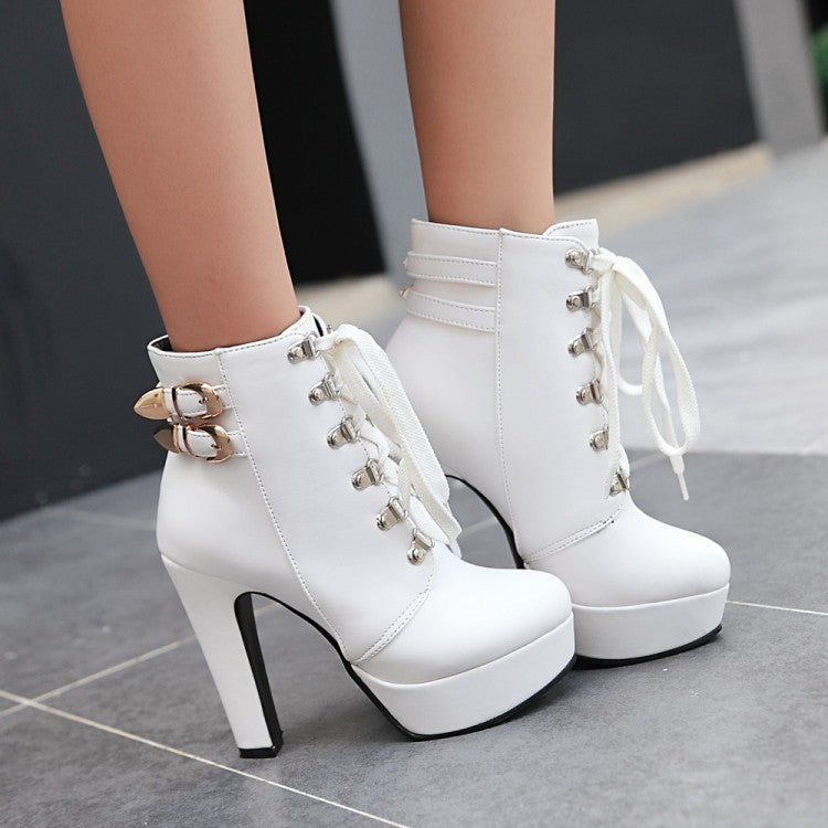 Women Pu Leather Almond Toe Rivets Lace Up Buckle Straps Block Chunky Heel Platform Short Boots