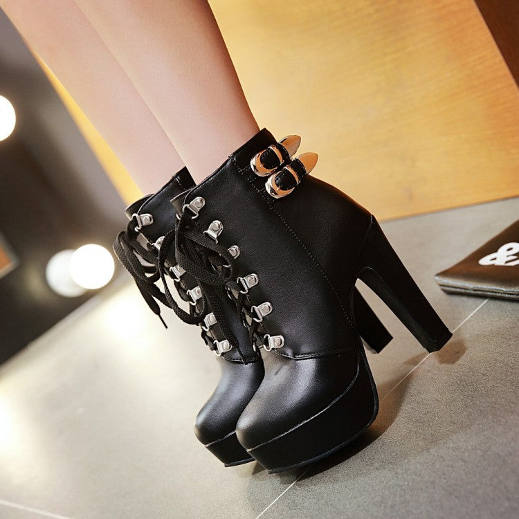 Women Pu Leather Almond Toe Rivets Lace Up Buckle Straps Block Chunky Heel Platform Short Boots