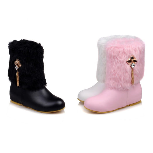 Women Pu Leather Round Toe Furry Rhinestone Tassel Inside Heighten Ankle Boots