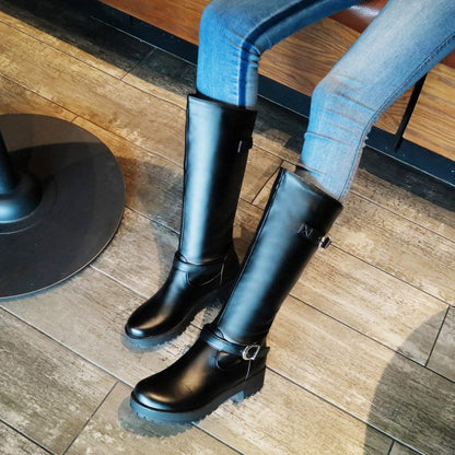 Women Buckles Belts Mid Calf Boots