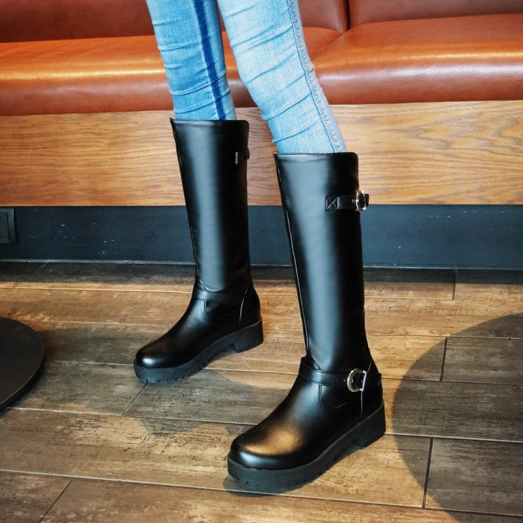 Women Buckles Belts Mid Calf Boots