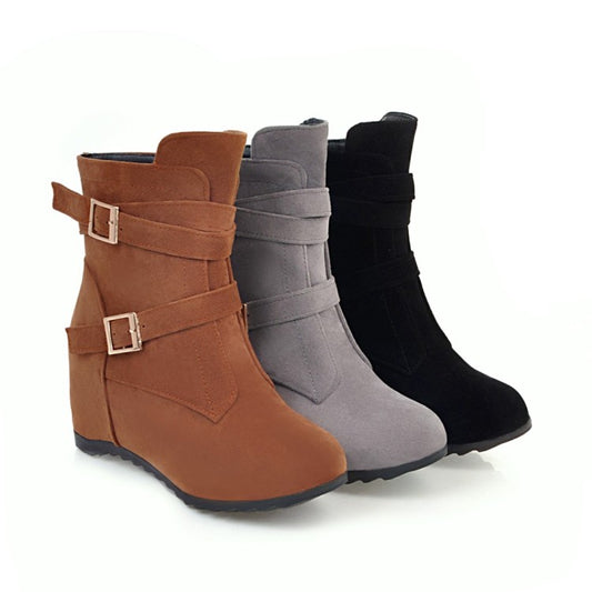 Women Flock Round Toe Double Buckle Straps Side Zippers Wedge Heel Short Boots