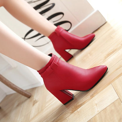 Women Pu Leather Pointed Toe Bow Tie Side Zippers Block Chunky Heel Short Boots