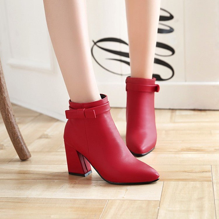 Women Pu Leather Pointed Toe Bow Tie Side Zippers Block Chunky Heel Short Boots