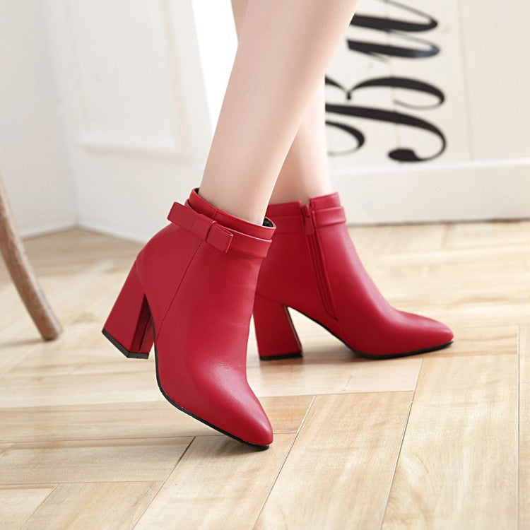 Women Pu Leather Pointed Toe Bow Tie Side Zippers Block Chunky Heel Short Boots