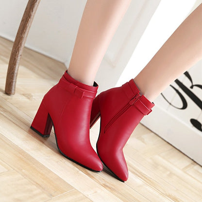 Women Pu Leather Pointed Toe Bow Tie Side Zippers Block Chunky Heel Short Boots
