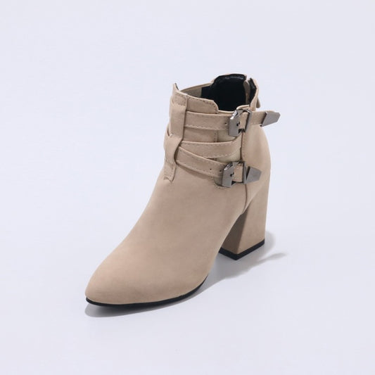 Women Flock Pointed Toe Metal Buckle Straps Block Chunky Heel Short Boots