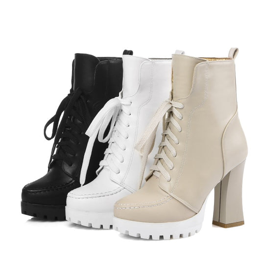 Women Pu Leather Stitch Round Toe Lace Up Spool Heel Platform Short Boots