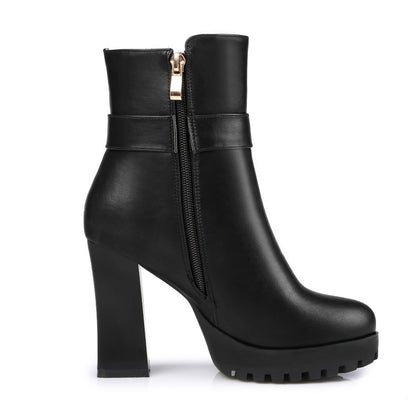 Women Pu Leather Round Toe Side Zippers Metal Tassel Spool Heel Platform Short Boots