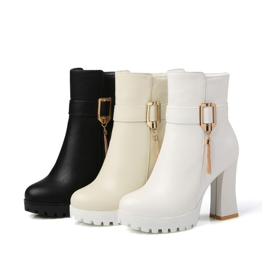 Women Pu Leather Round Toe Side Zippers Metal Tassel Spool Heel Platform Short Boots