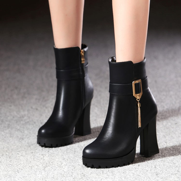 Women Pu Leather Round Toe Side Zippers Metal Tassel Spool Heel Platform Short Boots