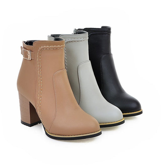 Women Pu Leather Round Toe Stitch Buckle Straps Block Chunky Heel Back Zippers Short Boots