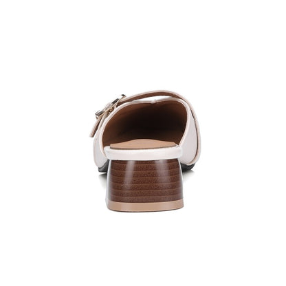 Women Square Toe Buckle Straps Block Heel Slides Slip On Sandals