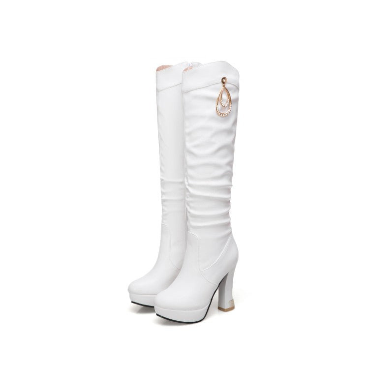 Women Side Zippers Rhinestone Spool Heel Platform Knee High Boots