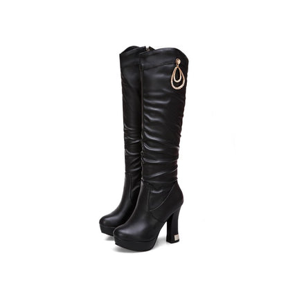 Women Side Zippers Rhinestone Spool Heel Platform Knee High Boots