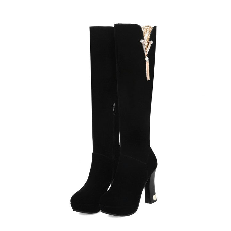 Women Flock Rhinestone Tassel Side Zippers Spool Heel Platform Knee High Boots