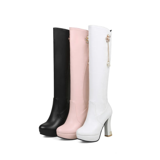 Women Side Zippers Rhinestone Flora Pearls Block Chunky Heel Platform Knee High Boots