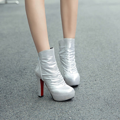Women Glossy Round Toe Back Zippers Block Chunky Heel Platform Short Boots