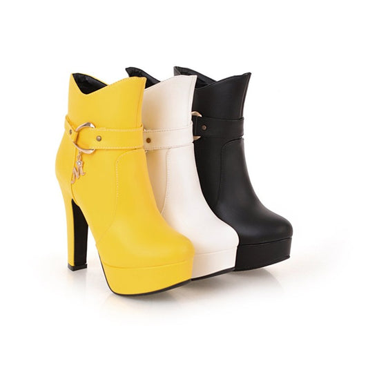 Women Pu Leather Almond Toe Buckle Straps Block Chunky Heel Side Zippers Platform Short Boots