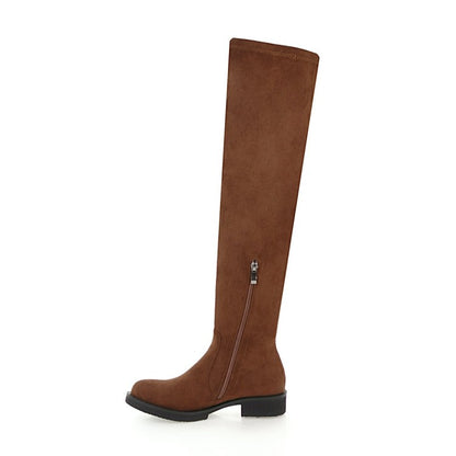 Women Side Zippers Round Toe Low Heels Knee-High Boots