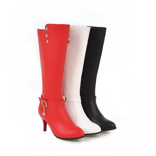 Women Rivets Rhinestone Buckle Straps Side Zippers Kitten Heel Knee High Boots